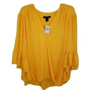 ASHLEY STEWART ~Woman Plus Size 34/36~ Yellow Wrap Shirt Blouse Bell Sleeve NWT.